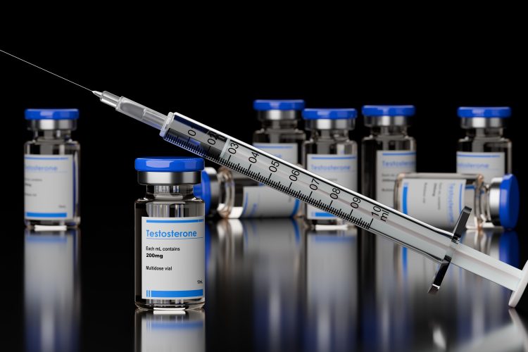 Numerous testosterone steroid vials with syringe leaning on the one in front on black background, anabolic steroid for muscle growth , selective focus, 3D illustration